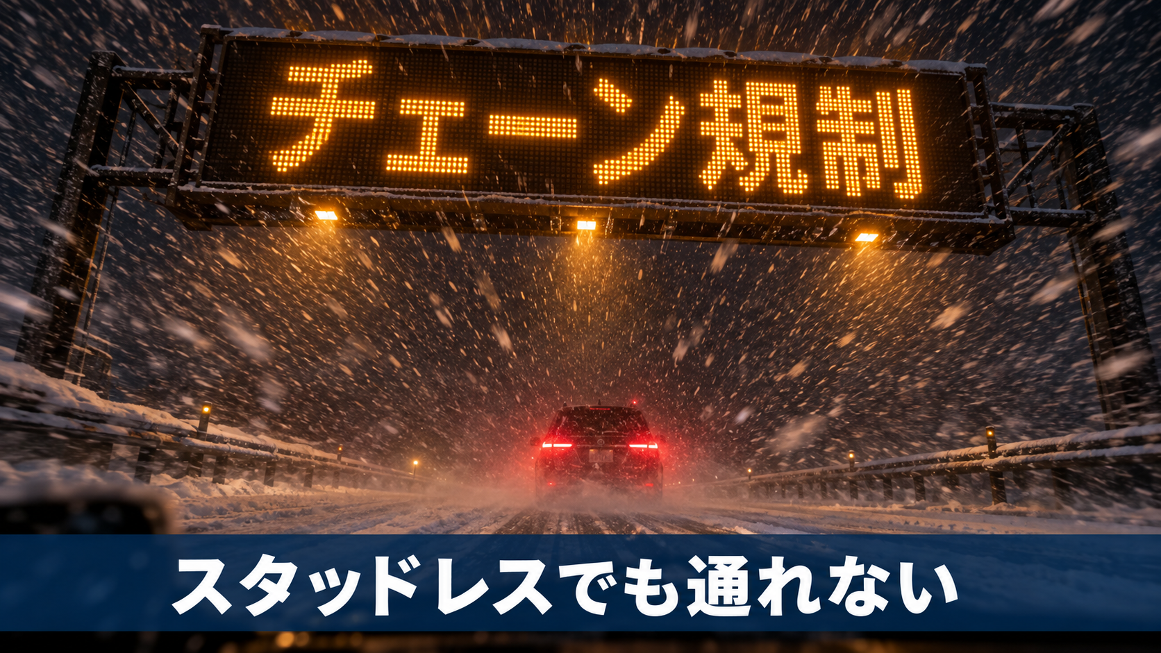 吹雪の夜の高速道路で情報板にチェーン規制の表示が光るイメージ