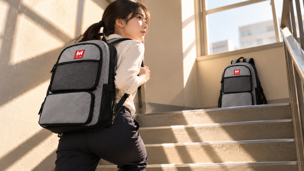 小柄な社員がサンプルのHIH防災リュックを背負い、階段で背負い心地を確かめているイメージ