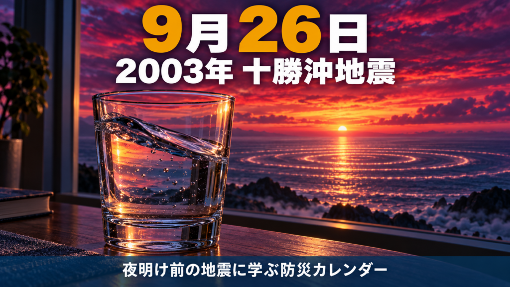 夜明け前の海を背景に、窓辺のグラスの水が大きく揺れる様子で2003年十勝沖地震を表したイメージ