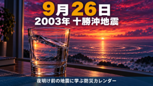 夜明け前の海を背景に、窓辺のグラスの水が大きく揺れる様子で2003年十勝沖地震を表したイメージ