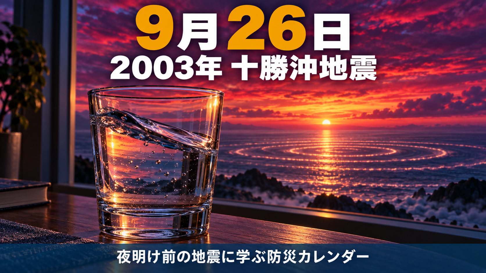 夜明け前の海を背景に、窓辺のグラスの水が大きく揺れる様子で2003年十勝沖地震を表したイメージ