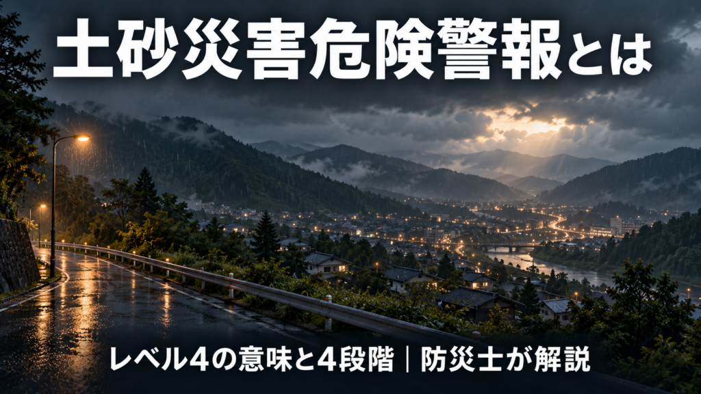 雨の中の山あいの町を見下ろす風景に、土砂災害危険警報の解説タイトルを配したアイキャッチ画像