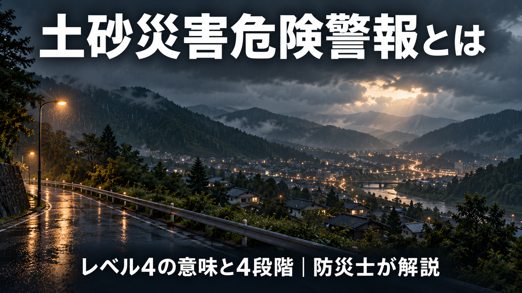 雨の中の山あいの町を見下ろす風景に、土砂災害危険警報の解説タイトルを配したアイキャッチ画像