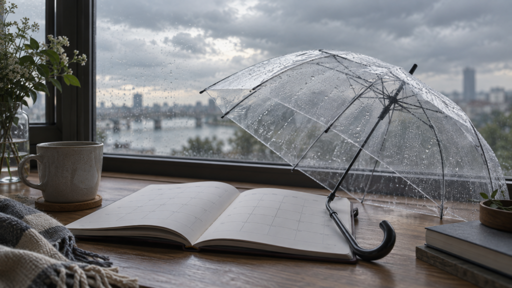 秋雨の終わりに区切りがないことを表すカレンダーと傘の写真
