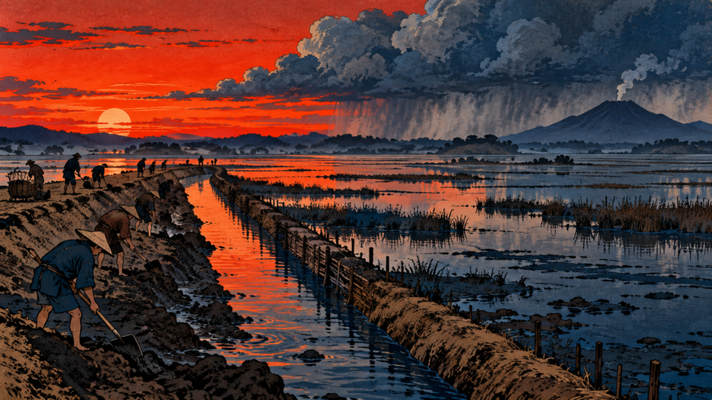 江戸時代に沼の水路を掘る人々と、迫る洪水を描いた浮世絵風のイメージ
