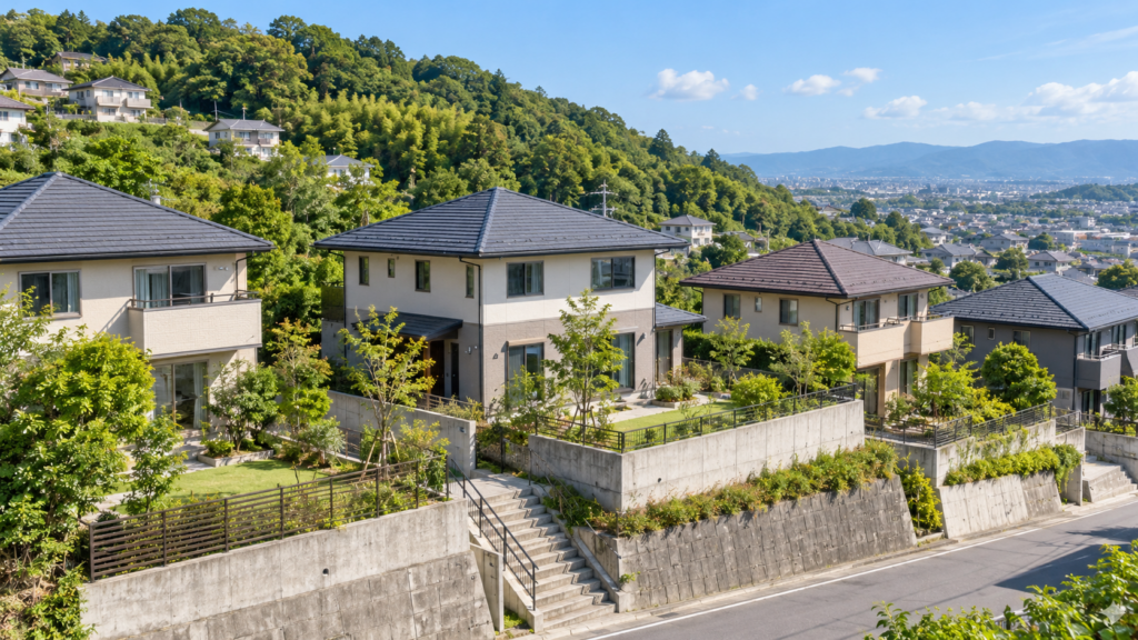 斜面沿いに建つ住宅地と擁壁を写した、土砂災害が起こりやすい立地のイメージ