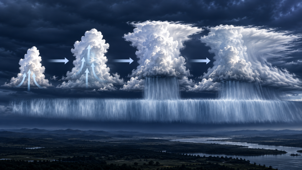 積乱雲が連なって線状降水帯ができる仕組みのイラスト