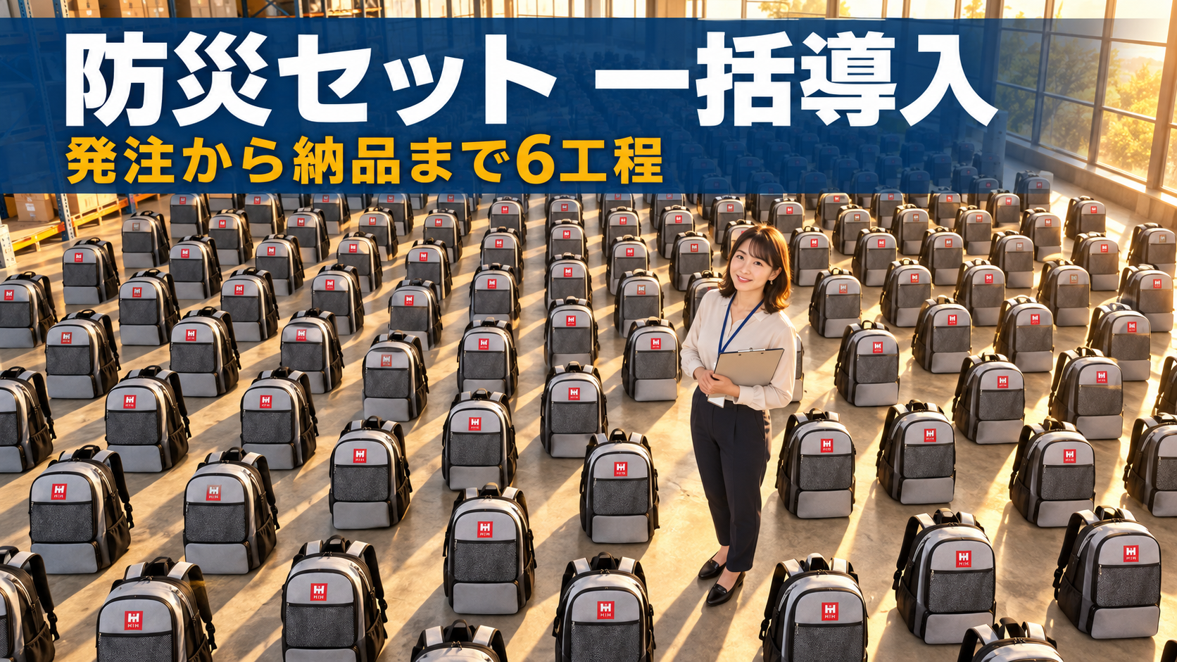 数百個のHIH防災リュックが並ぶ倉庫で、総務担当者が一括導入の数量を確認しているイメージ