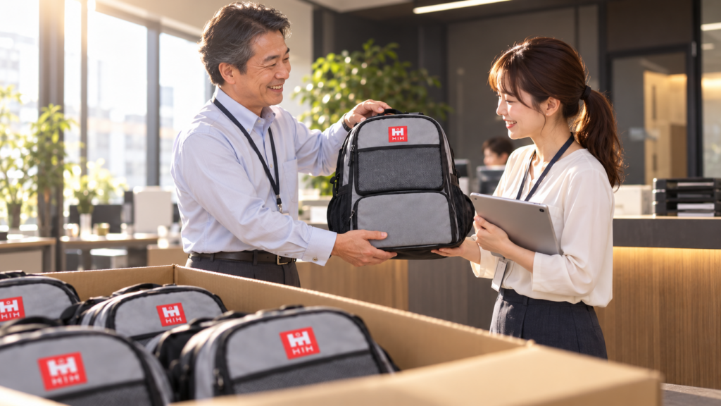 社員にHIH防災リュックを手渡し、配布記録をタブレットに残しているイメージ