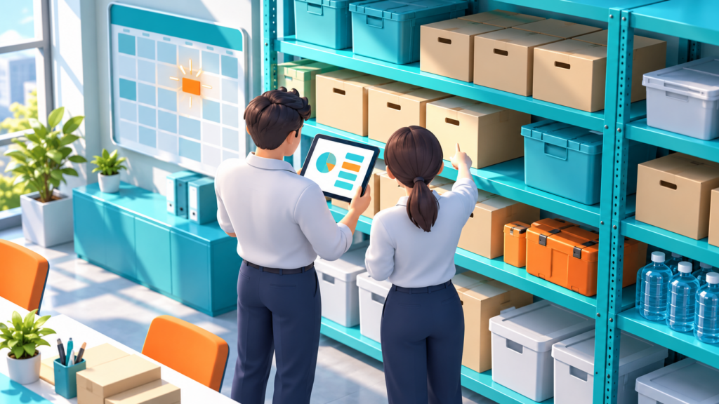 社員2人がタブレットで備蓄品の期限を確認しているイメージ