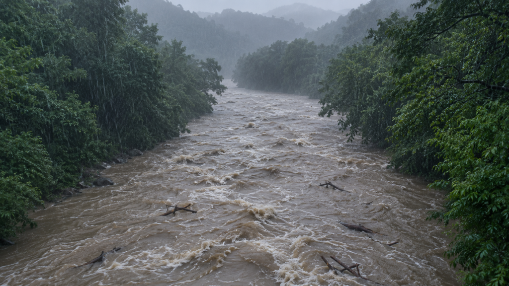 大雨で濁り流木が混じる川の流れという、土石流の前兆を示すイメージ