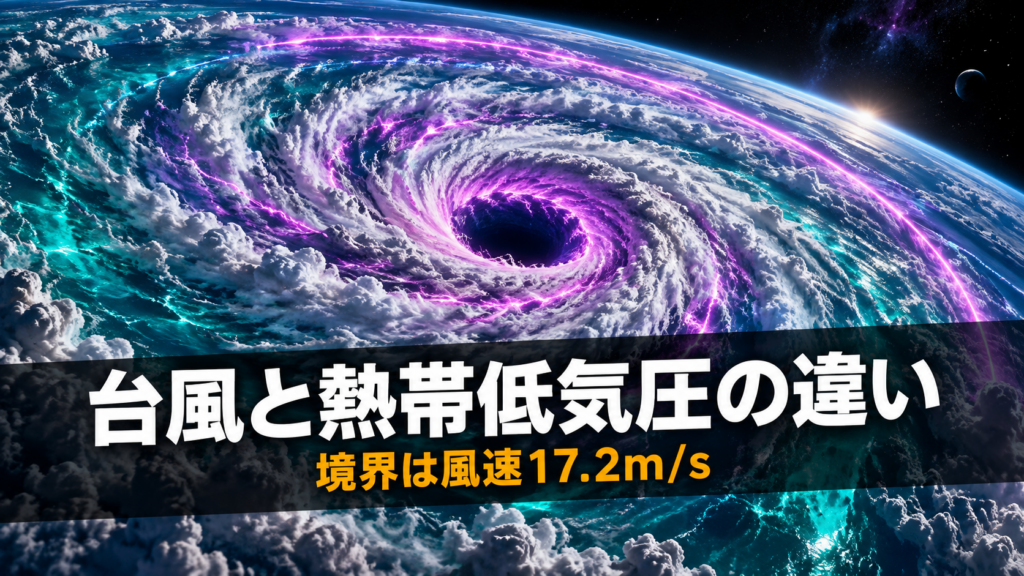 宇宙から見た熱帯の巨大な渦と、風速の境界を示す光のリングを表したイメージ