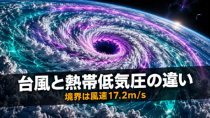 宇宙から見た熱帯の巨大な渦と、風速の境界を示す光のリングを表したイメージ