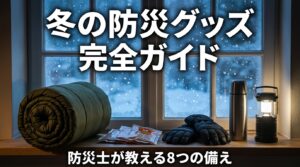 冬の防災グッズとして寝袋やカイロ、保温ボトルを窓辺に並べた画像