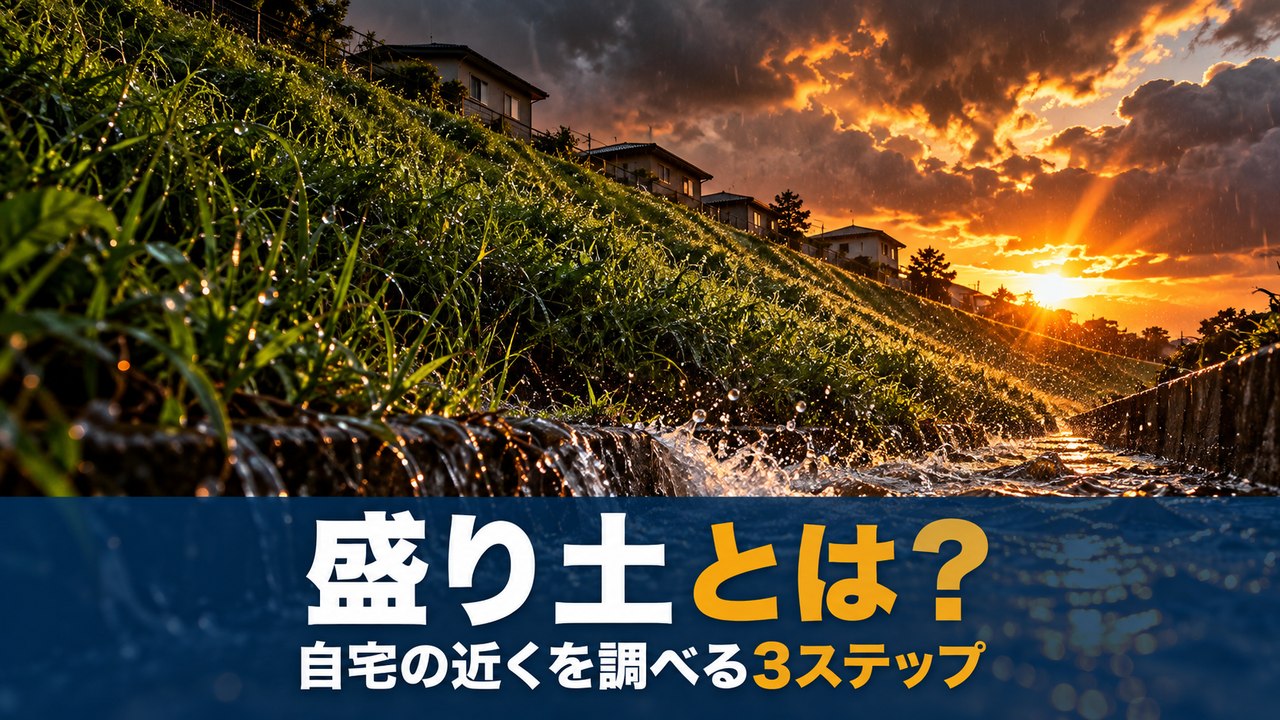 夕焼けの空の下、住宅地の高台を支える盛り土の斜面を見上げたイメージ