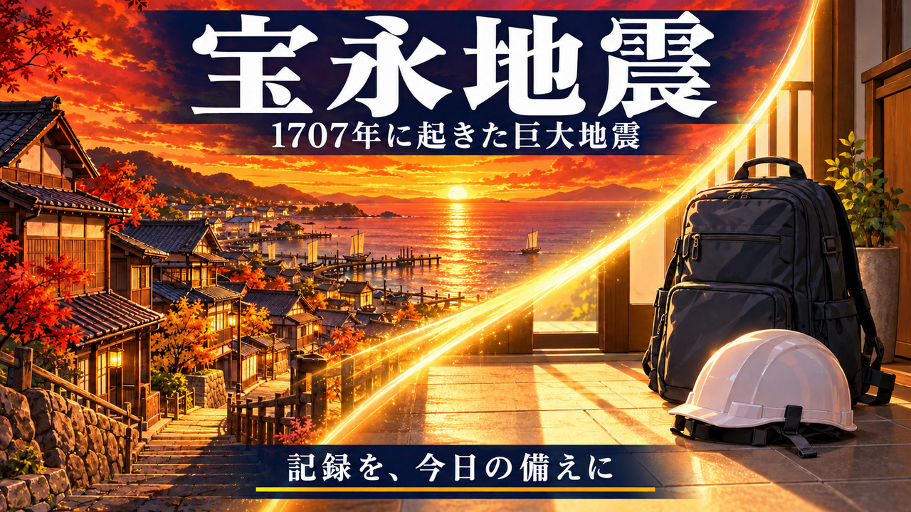 宝永地震を題材に、江戸時代の海辺の町と現代の防災リュックを光の帯でつないだ、過去と現在をつなぐイメージ