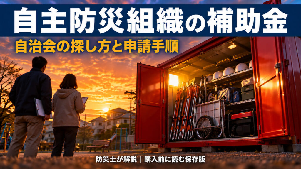 夕暮れの公園で扉を開けた赤い防災倉庫と資機材を前に、地域役員が書類を持つイメージ