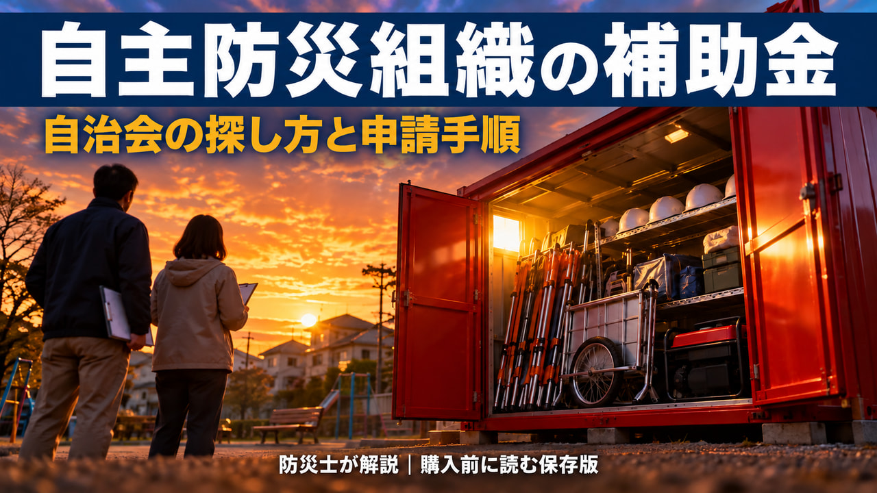 夕暮れの公園で扉を開けた赤い防災倉庫と資機材を前に、地域役員が書類を持つイメージ