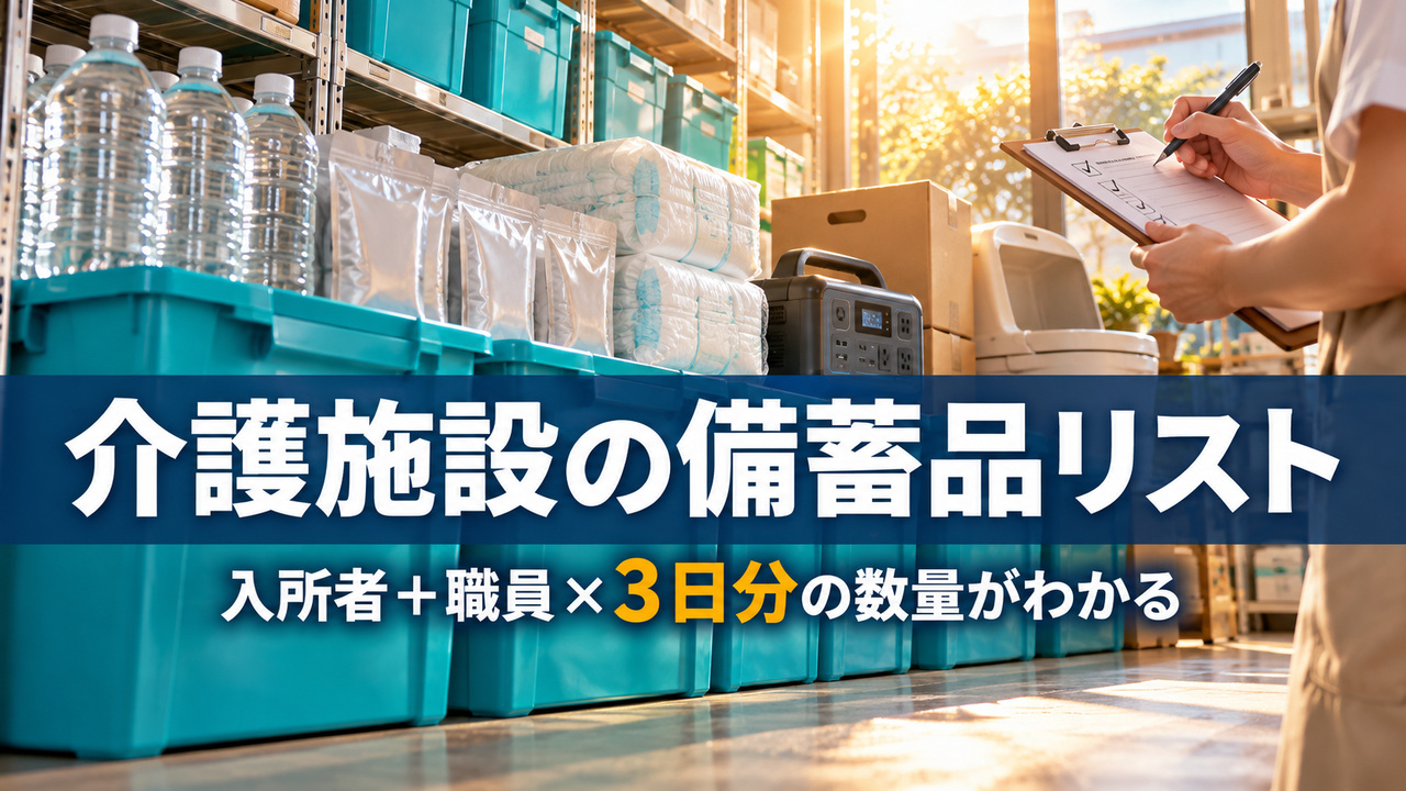 介護施設の備蓄庫に水・介護食・おむつ・簡易トイレを並べ職員が数量を確認するイメージ