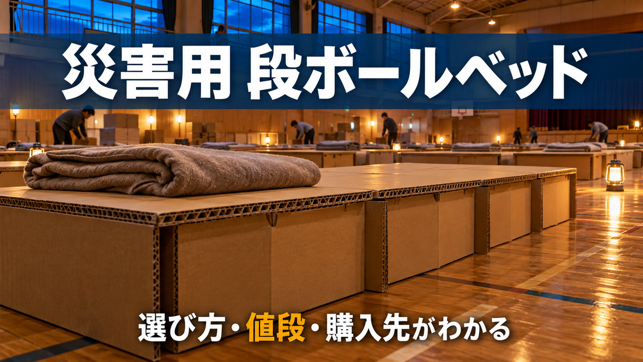 夕暮れの体育館に災害用の段ボールベッドが並ぶ避難所のイメージ