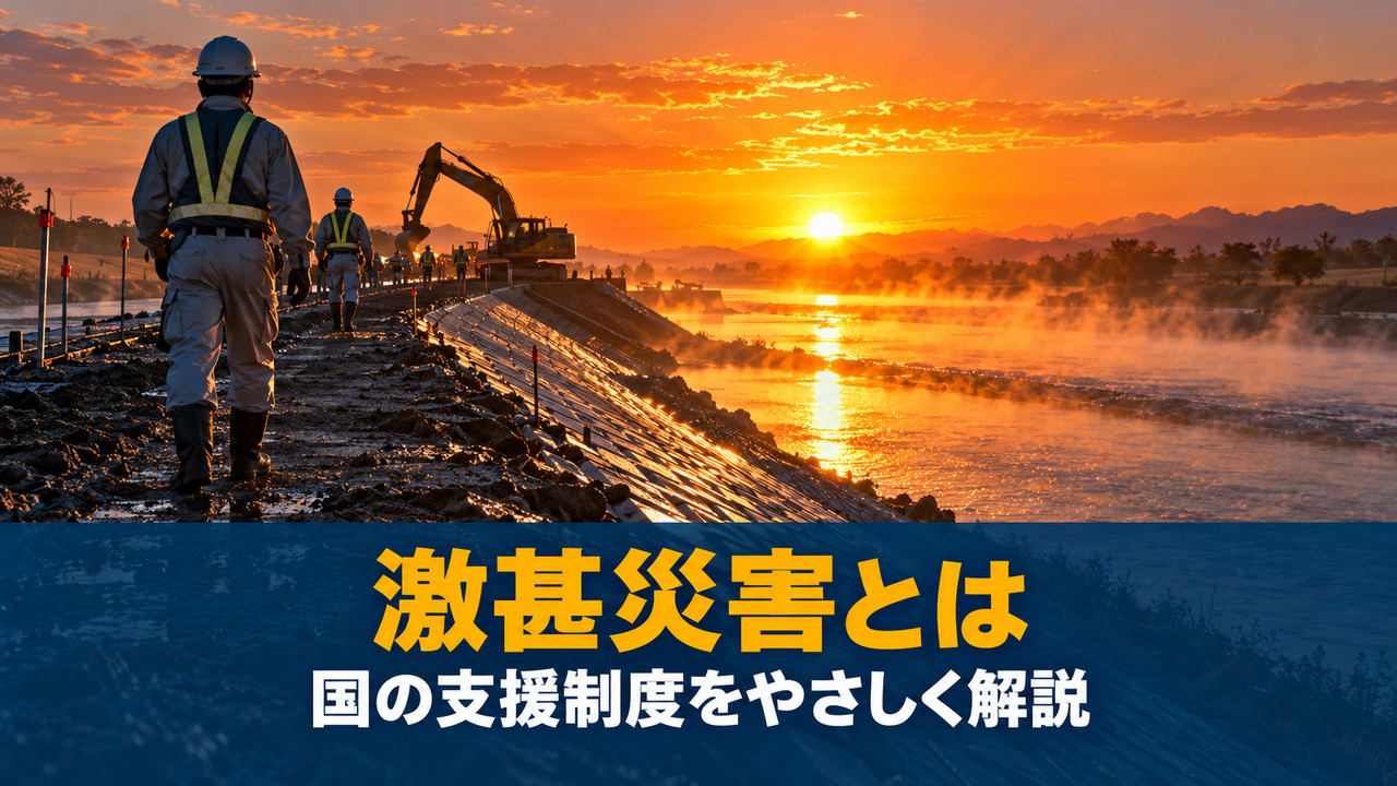 道路の補修工事を進める作業員と朝焼けの空のイメージ