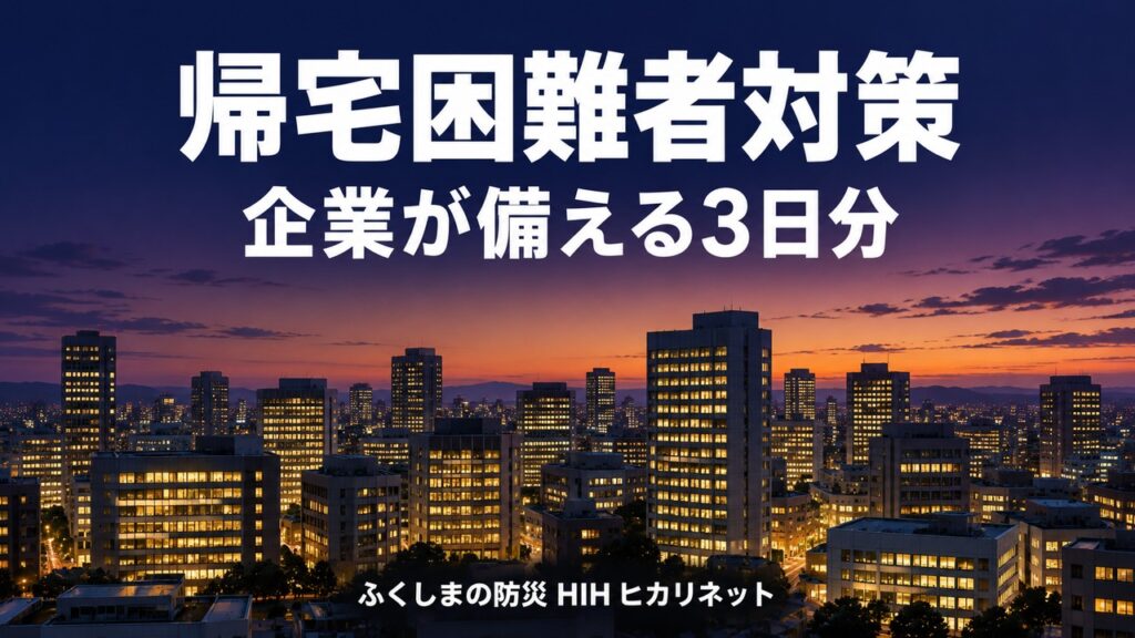 帰宅困難者対策｜企業が備える3日分チェックリスト付き 1 H2 帰宅困難者対策とは 夜の都市の高層ビル群を遠景で、窓に明かりが灯る様子を写真風に。文字なし、テキストなし、人物なし 帰宅困難者対策とは、会社が備蓄と体制を整える取り組み 2 H3 定義と理由 電車が止まった無人の駅ホームと運行停止を想像させる静かな線路。特定の駅名や看板は入れない。文字なし、人物なし 交通機関が止まり帰宅が難しくなる状況のイメージ 3 H3 防災理科 大きな交差点を俯瞰し、車道と歩道が整然と空いている様子。流れが滞らないことを表す構図。文字なし、人物なし 一斉帰宅を抑えて道路の流れを保つ考え方 4 H3 施設内待機 明かりのついた静かなオフィスの会議室。折りたたみ椅子と毛布が整然と置かれている。人物なし、文字なし オフィスで安全に待機するための環境づくり 5 H3 ガイドライン要点 デスクに置かれた白紙の冊子とペン、メガネ。書類の文字は読めない状態に。文字なし、人物なし 帰宅困難者対策ガイドラインの要点整理のイメージ 6 H3 条例の備蓄 棚に整然と並ぶ保存水のペットボトルと段ボール箱。ラベルは無地。文字なし、人物なし 3日分の飲料水と物資を備蓄する棚 7 H2 備蓄と在宅避難 会社の備蓄棚と、自宅の玄関に置かれた防災用ボックスを並べて対比する2分割構図。文字なし、人物なし 会社と自宅の両方でとどまる備え 8 H3 備蓄品リスト 机の上に水、乾パン類、毛布、簡易トイレの箱を並べた俯瞰写真。パッケージは無地。文字なし、人物なし 1人3日分の備蓄品を並べたイメージ 9 H3 一時滞在施設との違い 広い公共ホールの床に、整列した折りたたみ椅子と毛布の山。特定施設に似せない。文字なし、人物なし 一時滞在施設と施設内待機の違いのイメージ 10 H3 在宅避難へ切り替え 夕方の住宅街の一軒家と、窓から暖かい明かりが漏れている様子。実在の街並みを避けた架空の風景。文字なし、人物なし 帰宅後に自宅でとどまる在宅避難のイメージ 11 H3 自宅用に必要なもの リビングのテーブルにランタン、携帯トイレ、モバイルバッテリー、カセットコンロ。ブランドロゴなし。文字なし、人物なし 従業員の自宅用に備えたい防災用品 12 H3 まとめ 朝日が差し込む整ったオフィスと、机上のチェックリスト用紙（文字は読めない）。希望を感じる明るい構図。文字なし、人物なし 帰宅困難者対策の次の一歩を確認するイメージ 13 H2 よくある質問 木製デスクに置かれた付箋とペンのクローズアップ。付箋は白紙。文字なし、人物なし 帰宅困難者対策のよくある質問