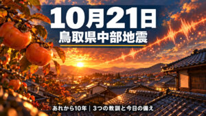 10月21日に起きた鳥取県中部地震を、秋の町並みと地震計の波形で表したアイキャッチ