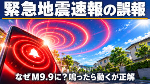 空に赤い警報の波紋が広がるものの地上は静かな住宅街の、誤報を象徴するイメージ