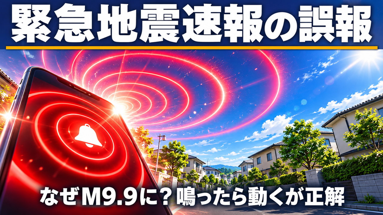 空に赤い警報の波紋が広がるものの地上は静かな住宅街の、誤報を象徴するイメージ