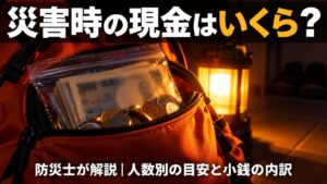 停電の暗い玄関で、ランタンの光に照らされた防災リュックの現金と小銭