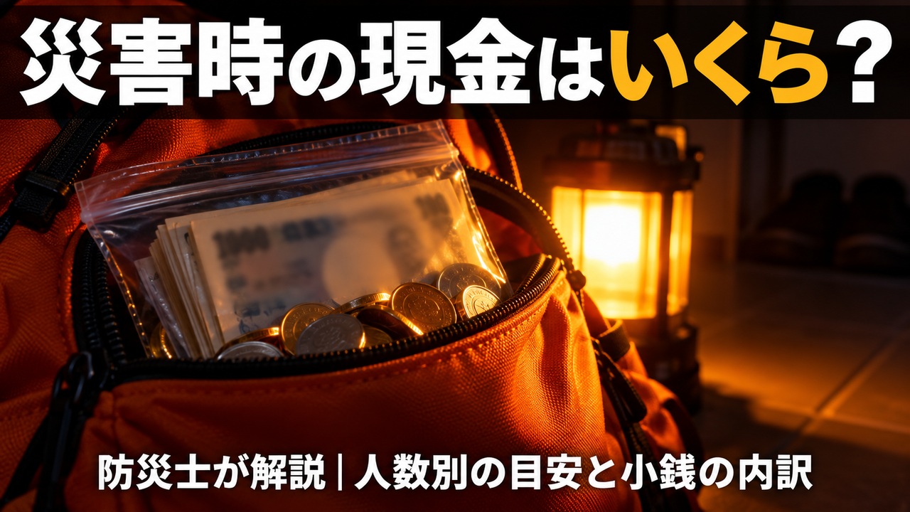 停電の暗い玄関で、ランタンの光に照らされた防災リュックの現金と小銭