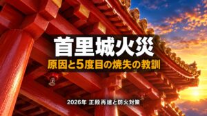 朱塗りの木造建築の梁に設けられたスプリンクラーと夜明けの光で首里城火災の教訓を表したイメージ