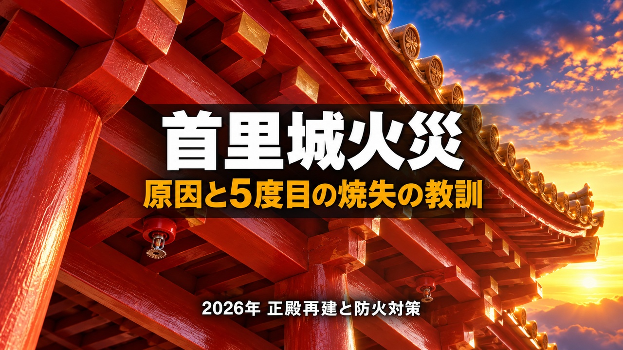 朱塗りの木造建築の梁に設けられたスプリンクラーと夜明けの光で首里城火災の教訓を表したイメージ