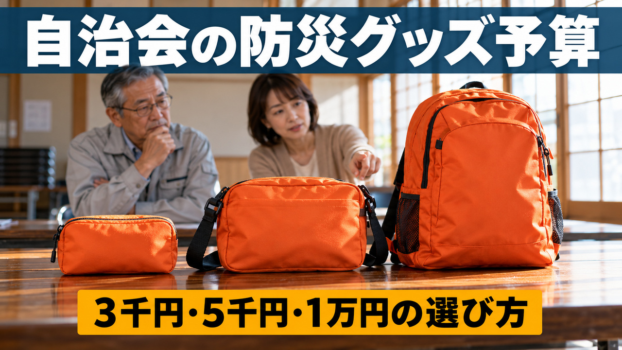 集会所の机に大きさ順に並べた防災用品を、自治会役員が見比べている様子
