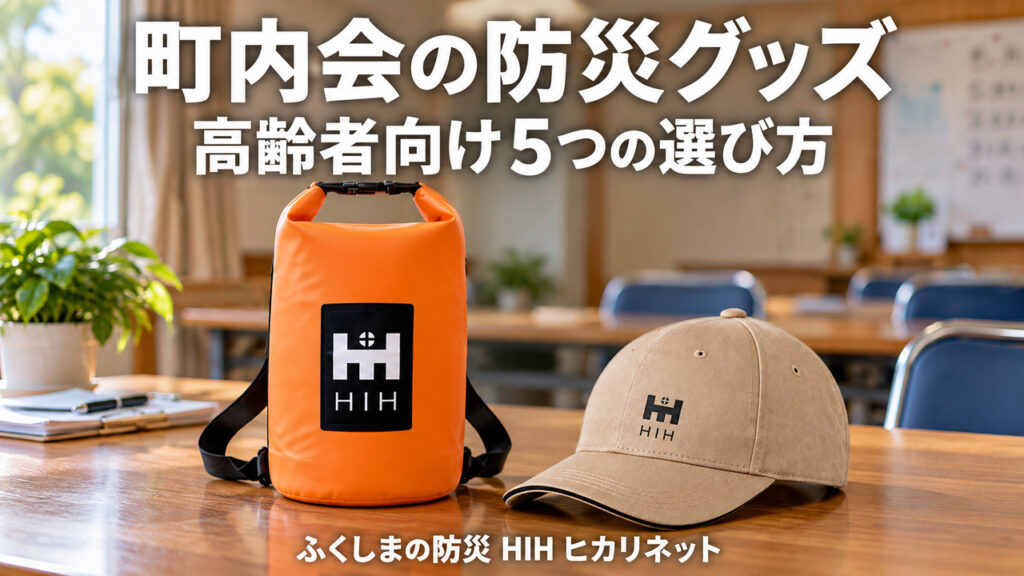 町内会が高齢者に配る軽い防災バッグと帽子が机に並ぶ様子