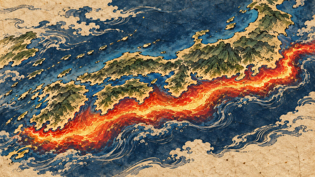 宝永地震の震源域が遠州灘から四国沖まで南海トラフ沿いに広がったことを表した古地図風のイメージ