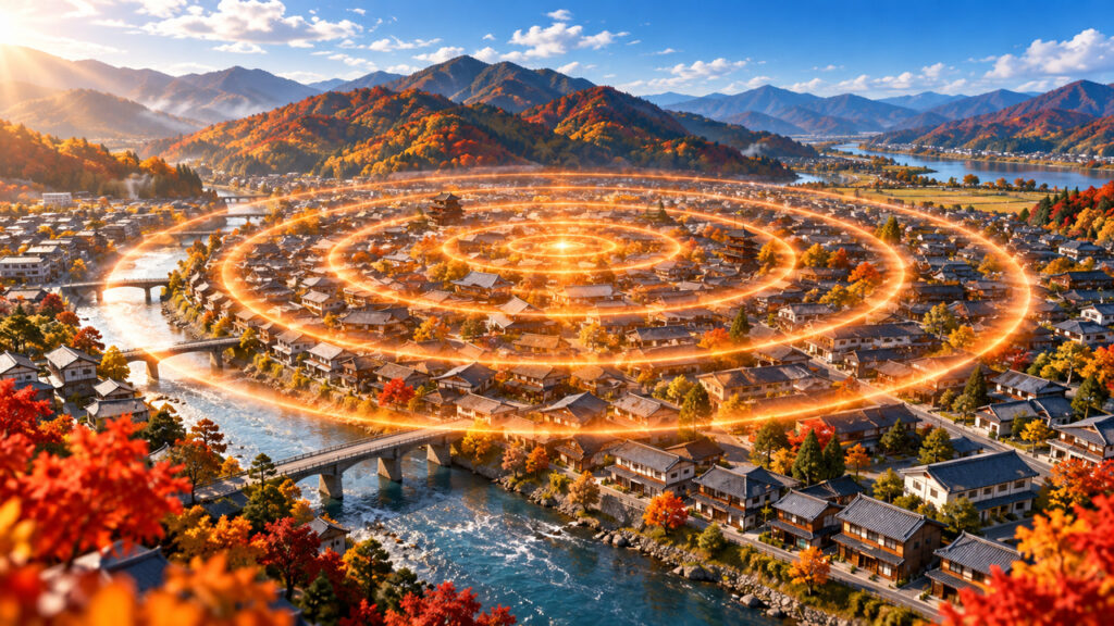秋の地方都市の中心から光の波紋が広がり、地震の発生を象徴したイメージ