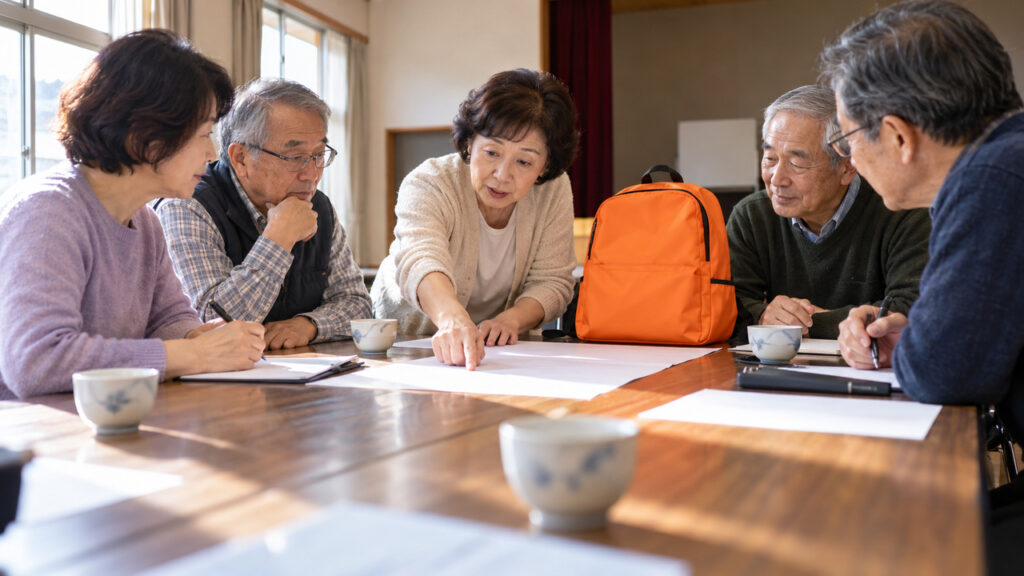 公民館の役員会で、配布する防災グッズの目的を話し合う自治会役員たち