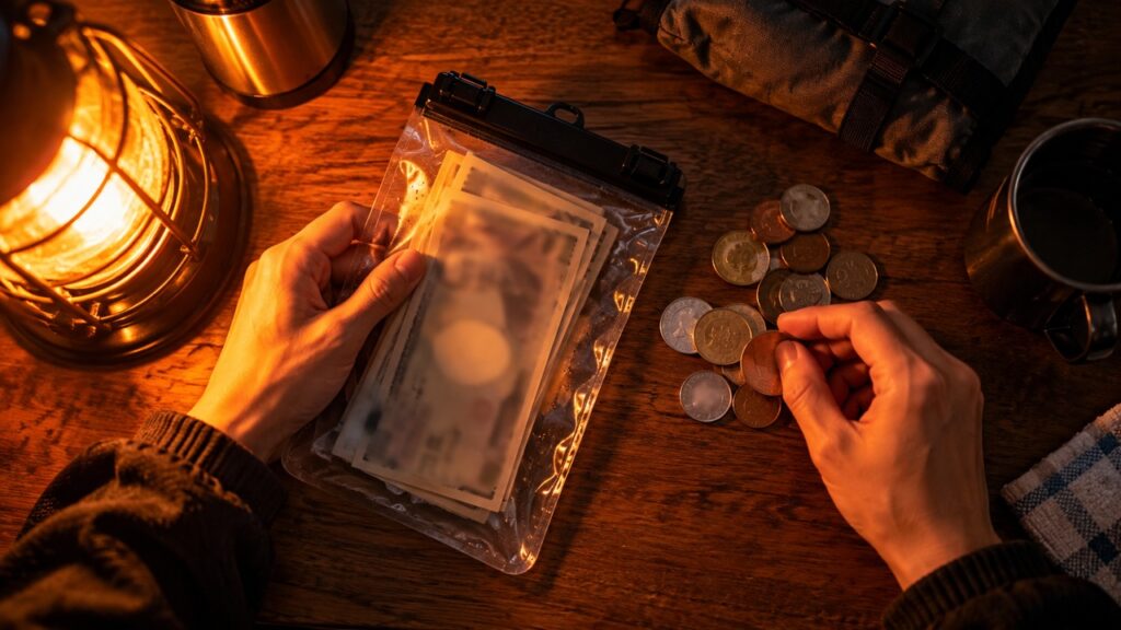 停電の夜に、防水袋に入れた非常用の現金と小銭を確認する手元
