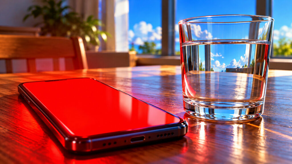 赤く光るスマホの横で水面が静止したコップを写した、警報と実際の揺れのずれを表すイメージ