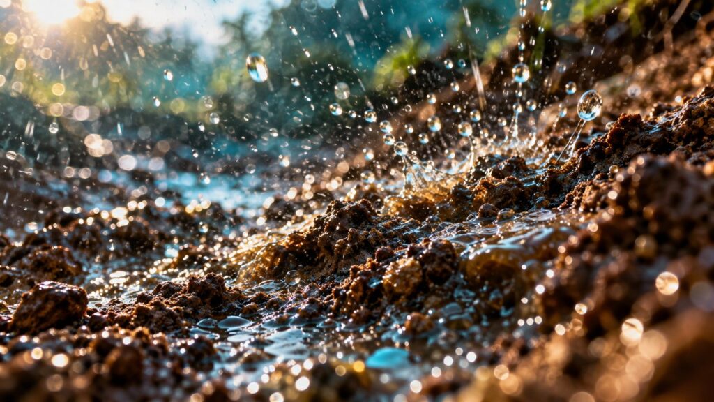 雨水が土の粒のすき間にしみ込んでいく様子を表したイメージ