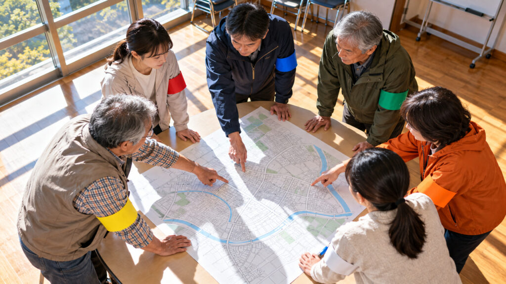 色の違う腕章を付けた地域住民が地図を囲んで班の役割を確認しているイメージ