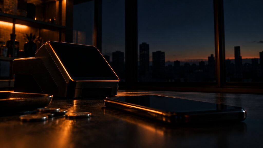 停電で画面が消えた決済端末とスマートフォンが、電気と通信が止まった状態を表すイメージ