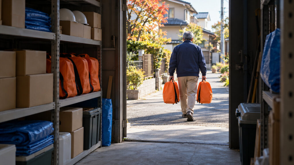 防災倉庫の共同備蓄の奥から、配布用バッグを家庭へ運ぶ役員の後ろ姿