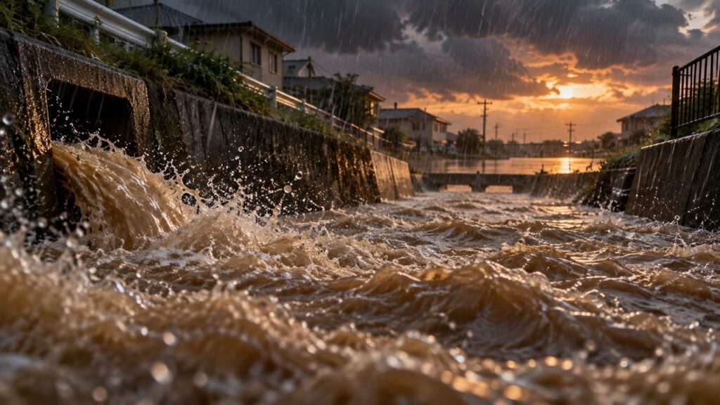 大雨で排水路に濁った水があふれそうに流れる住宅地周辺のイメージ