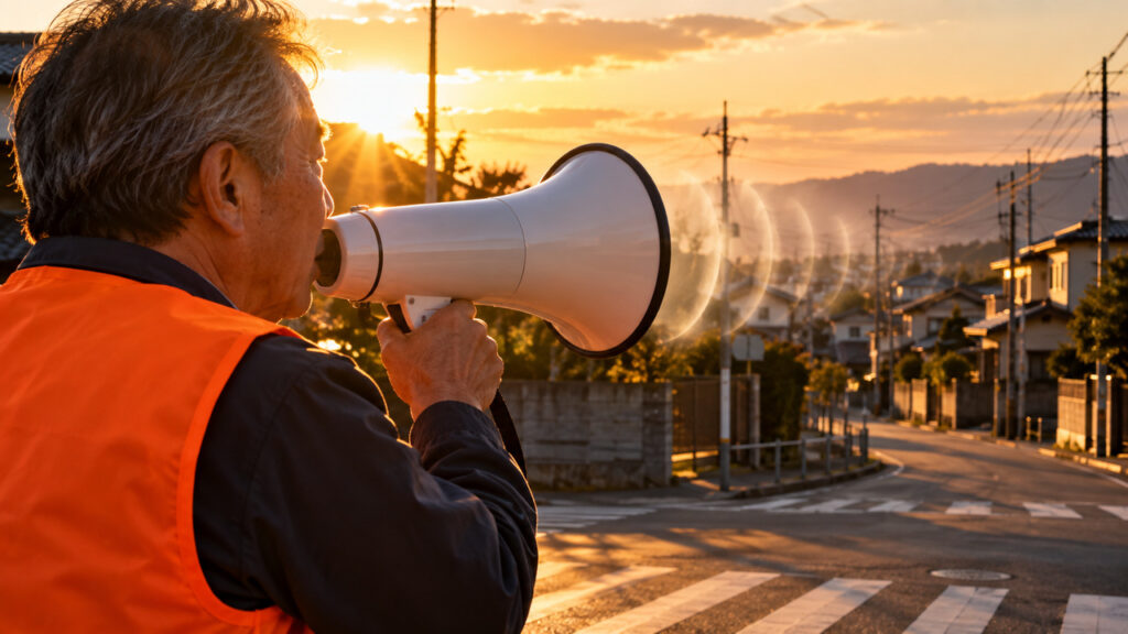 夕暮れの住宅街でメガホンを使い呼びかける役員と、声が広がり弱まる様子のイメージ