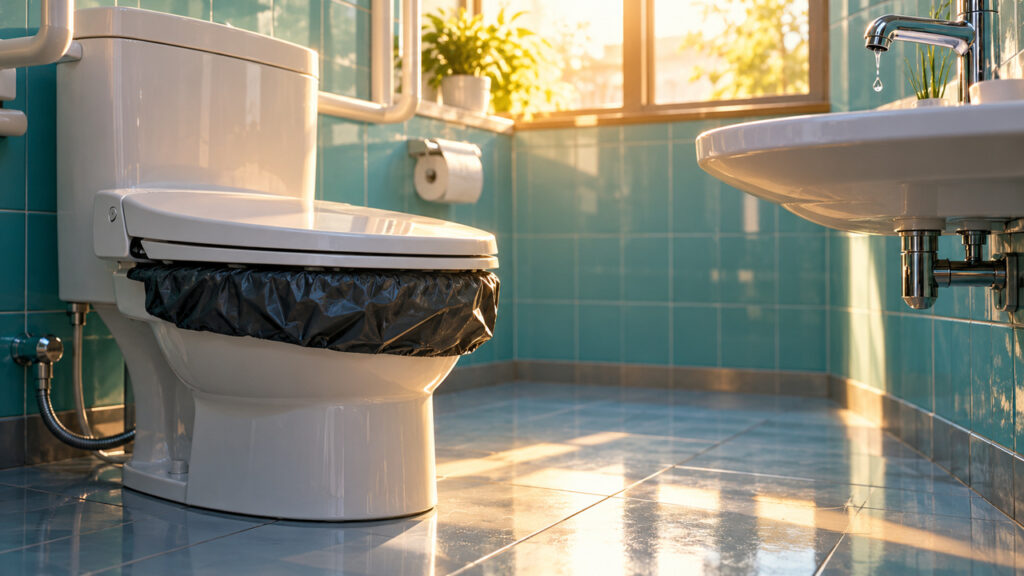 施設のトイレに非常用トイレをセットして断水に備えるイメージ