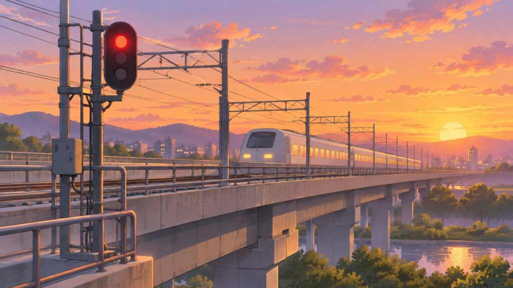 夕暮れの高架線路に停止した列車と赤い信号を描いた交通寸断のイラスト