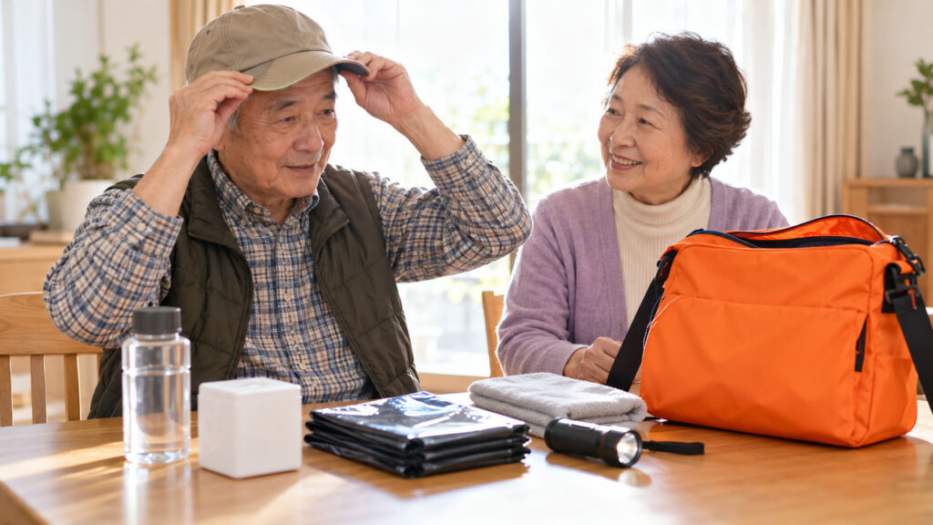 配布されたバッグの中身をテーブルに並べ、帽子をかぶって確かめる高齢の夫婦