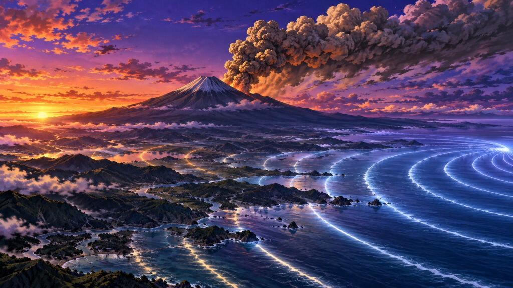 地震の揺れが伝わった49日後に火山が噴火したことを表した、噴煙と光の波紋のイメージ